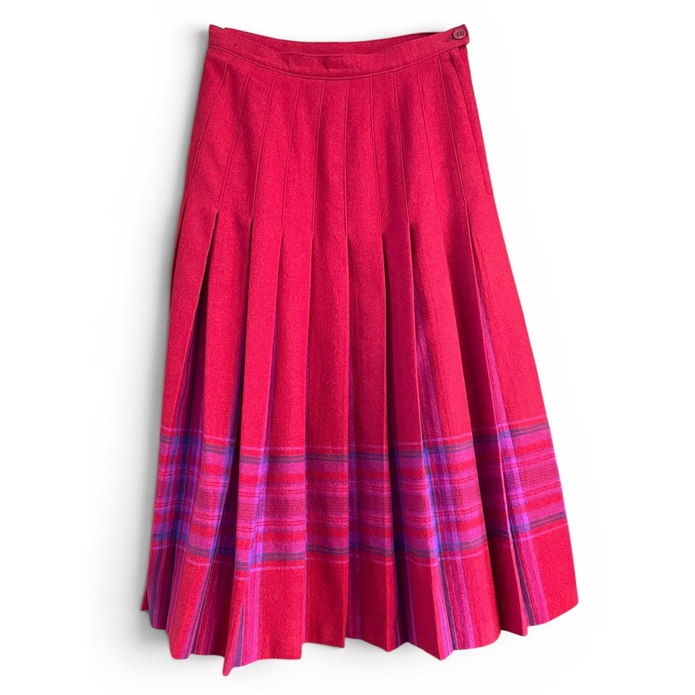 Vintage 80s Pendleton Virgin Wool Red Pleated Plaid Border Midi Skirt Petite 8